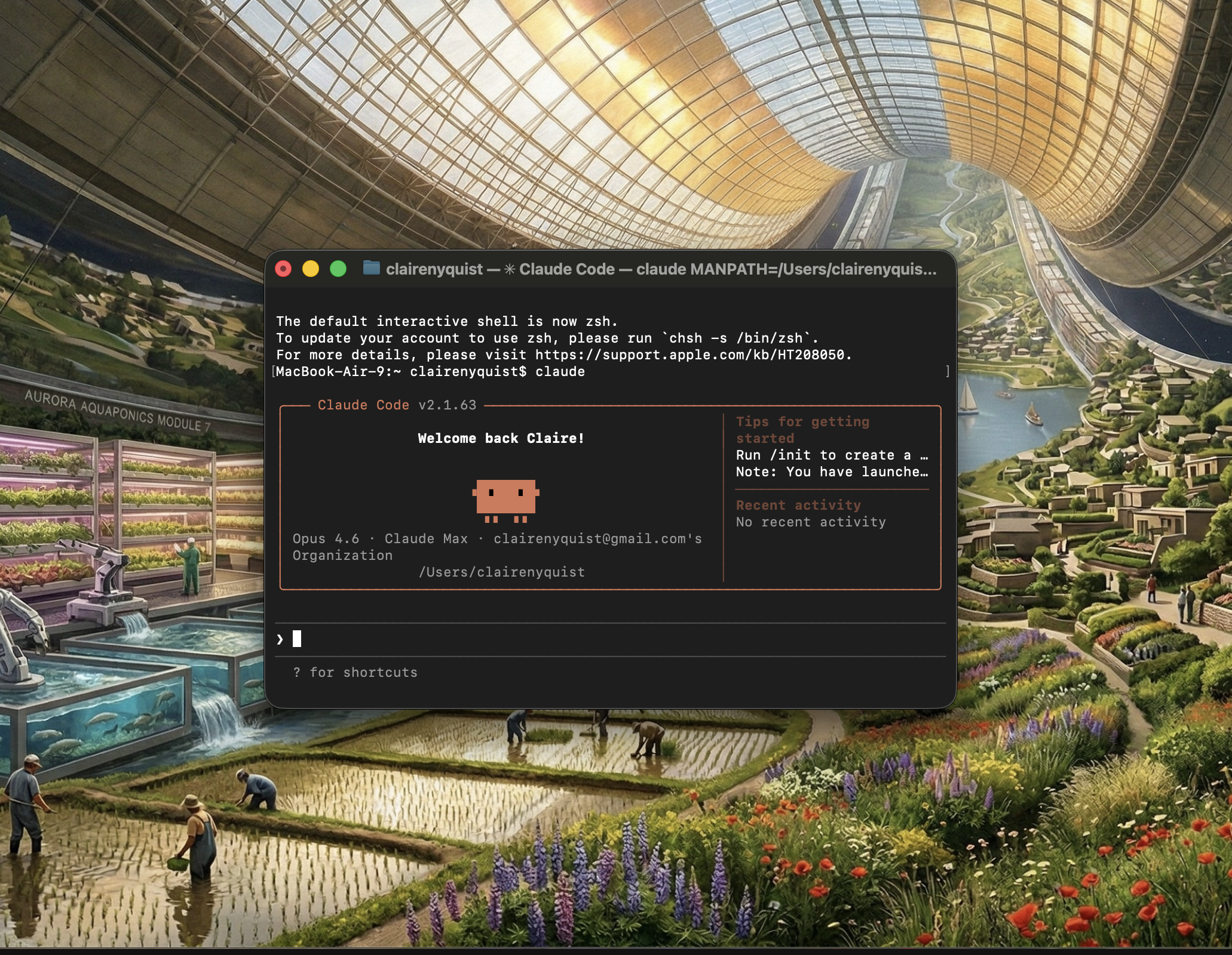 Claude Code terminal running in front of a Stanford Torus space habitat with lush gardens