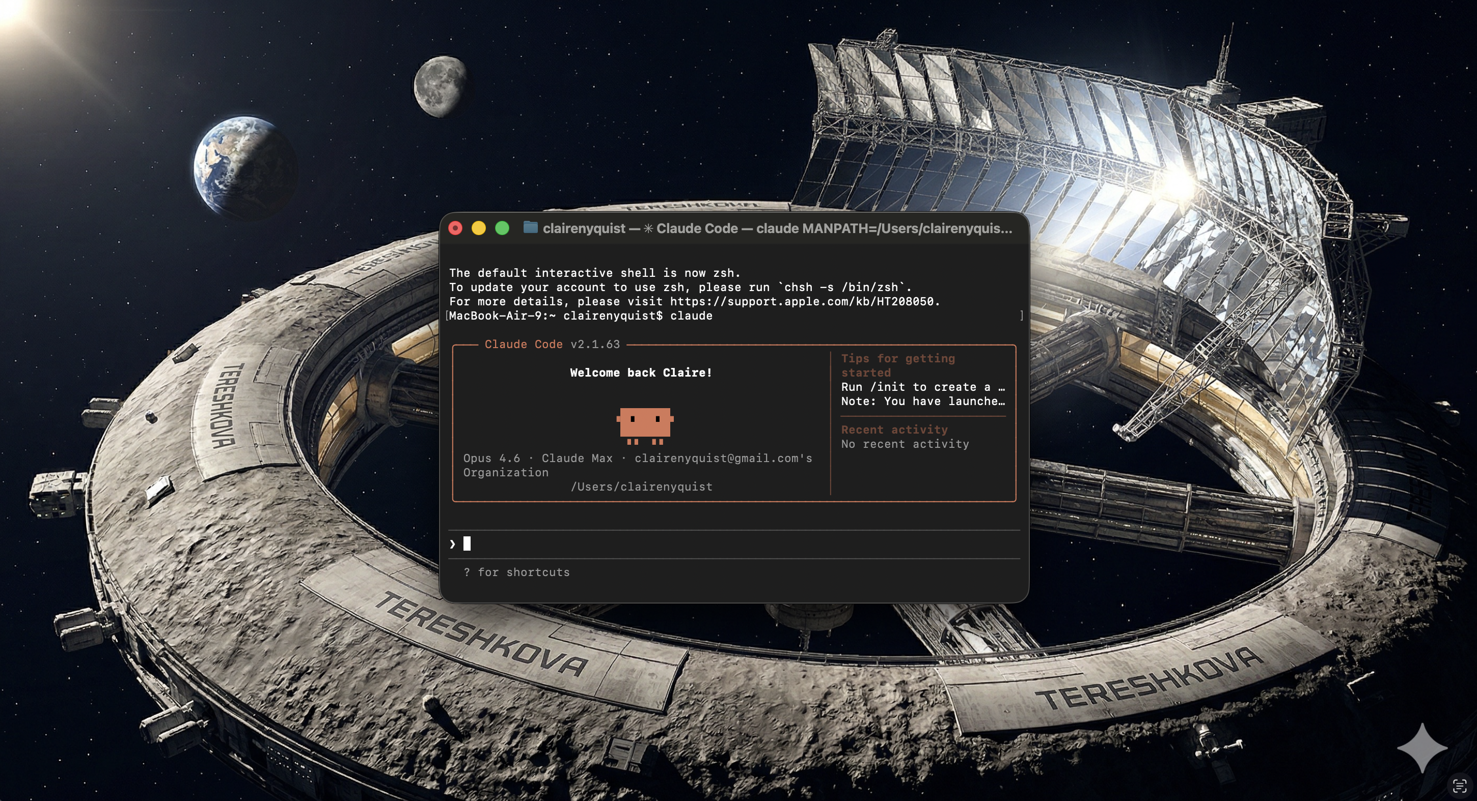 Claude Code terminal running in front of the Tereshkova space station