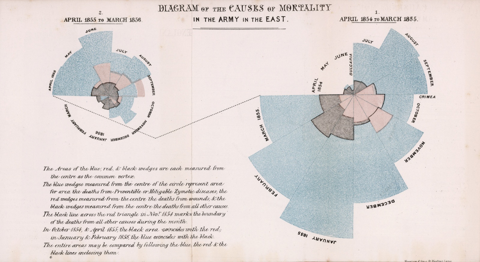Florence Nightingale's 1858 rose diagram: two polar-area charts of mortality in the Crimean War, with large blue wedges for preventable disease dwarfing the red wedges for wounds